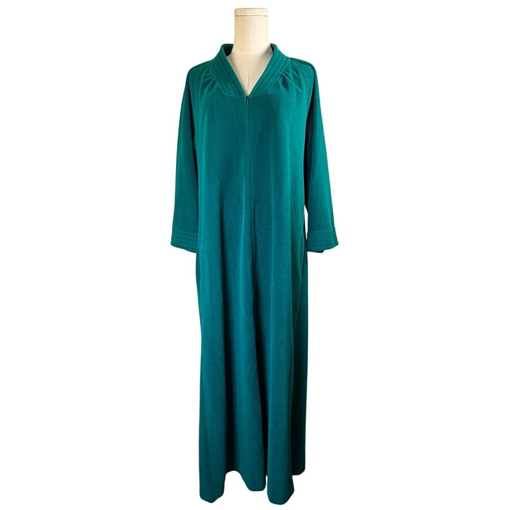 Vintage Vanity Fair Teal Velour Small Kaftan Zip Front Robe USA Made 70s/80s EUC